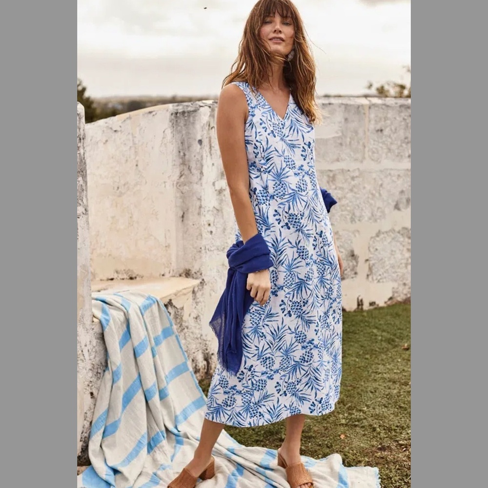 J. Jill Love Linen Pineapple Palm White Blue Midi Dress